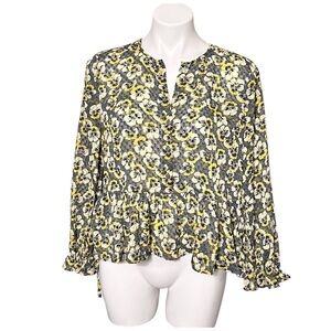 Madewell Floral Drawstring Ruffle Hem Top Size Large Gray/Yellow